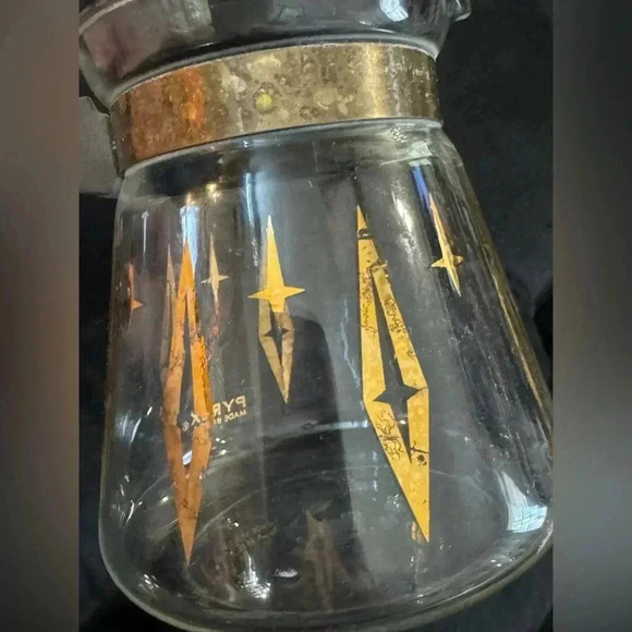 MCM PYREX GOLD ATOMIC DIAMOND STARS CARAFE 2 CUP COFFEE TEA POT 5" - Picture 9 of 12